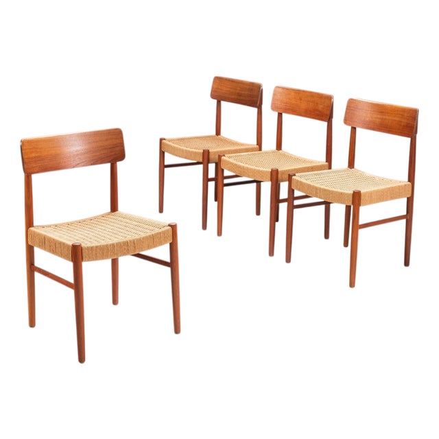 Danish Dining Chairs in Teak and Paper Cord, Denmark, 1960, Set of 4 For Sale