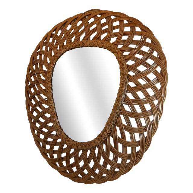 Vintage Woven Wicker Mirror, Italy, 1960s For Sale