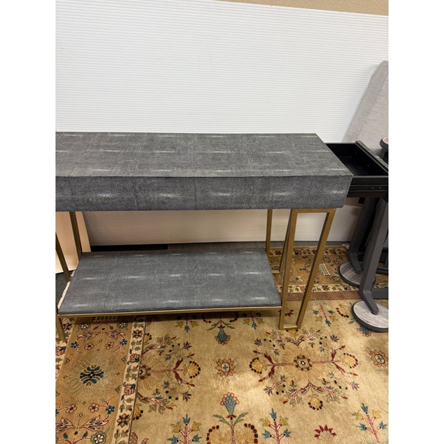 Art Deco Currey & Company Faux Shagreen + Brass Console Table For Sale - Image 3 of 12