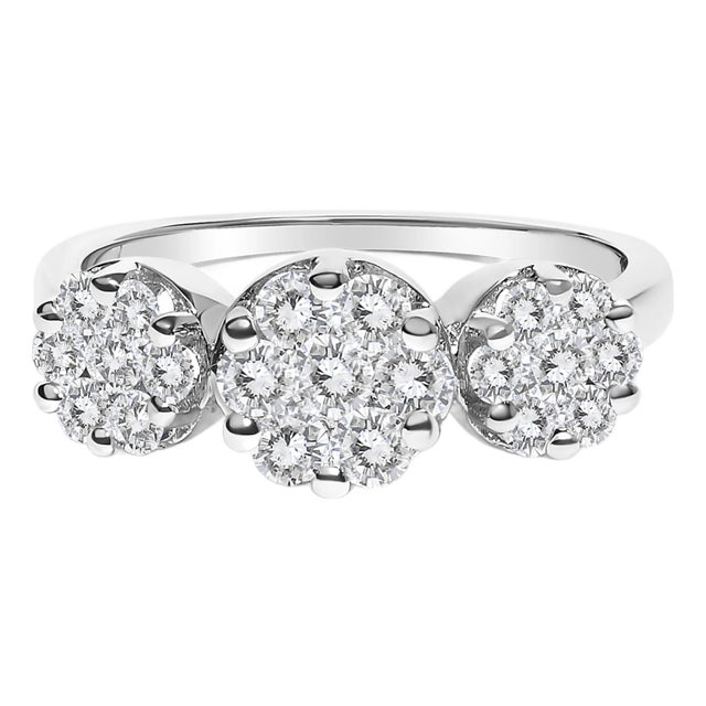 14K White Gold 1-1/4 Cttw Brilliant Cut Diamond Three Round Floral Clusters Engagement or Fashion Ring (H-I Color, SI2-I1 Clarity) - Size 6-3/4 For Sale