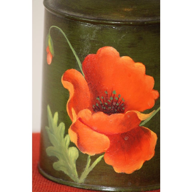 Metal Vintage Signed Tole Metal Tea Caddy, Hand Painted Poppies For Sale - Image 7 of 8