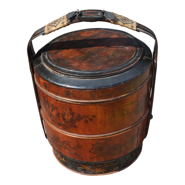 Vintage Asian Black & Brown Bamboo / Wood 3 Tier Wedding Basket With Painted Sides & Top Scene For Sale