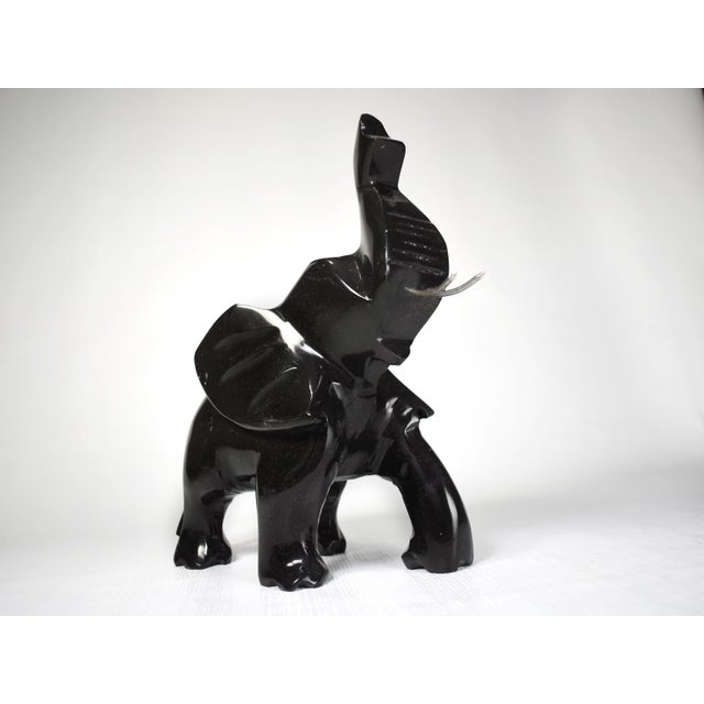 Mid-Century Modern Vintage Solid Black Onyx Stone Carved Trunk Up Lucky Elephant Figurine For Sale - Image 3 of 8