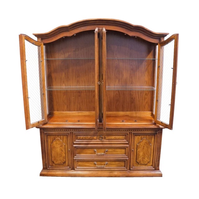 Late 20th Century Stanley Furniture Solid Walnut Italian Provincial 66" Buffet W. Lighted Display China Cabinet W. Grilled Doors 8311-04 For Sale - Image 5 of 15