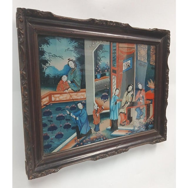 Antique Chinese export reverse painting on glass, in wood frame; No artist marks observed; Likely Qing Dynasty era. Visual...