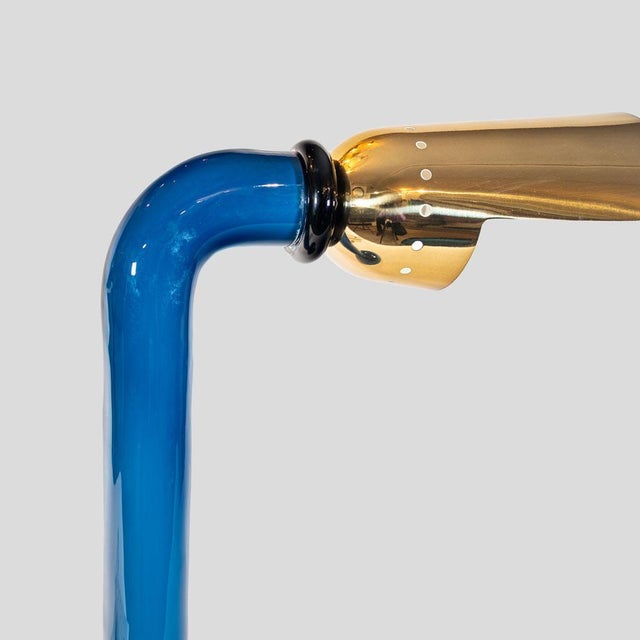 Vintage Murano Blue Glass and Brass Shade Table Lamp, 1960s For Sale - Image 3 of 11