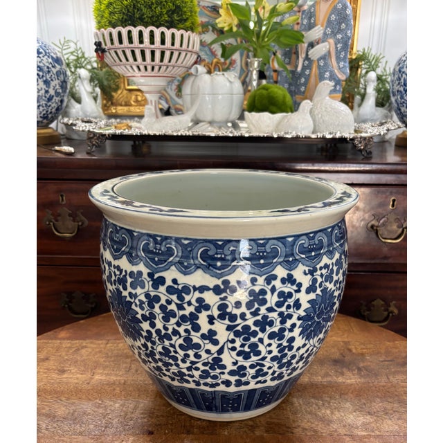 Ceramic Mid to Late Twentieth Century Large Vintage Chinese Blue & White Porcelain Floral Fishbowl Planter Jardinière For Sale - Image 7 of 10