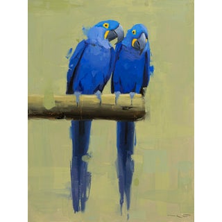 Blue Macaws by Thorgrimur Einarsson | Oil on wood panel Two blue macaws perched on a branch. For Sale