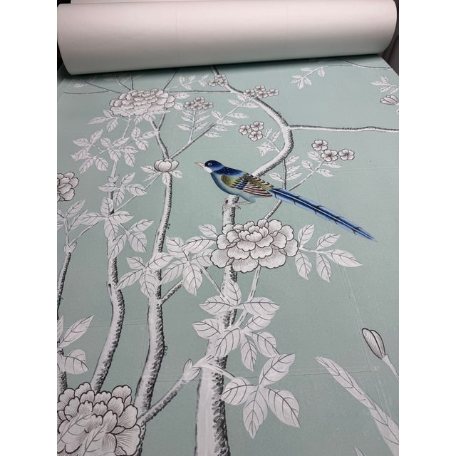 Hand Painted Chinoiserie Tea Paper Wallcovering Panels With Birds and Blossoms, Set of 3 For Sale - Image 6 of 6