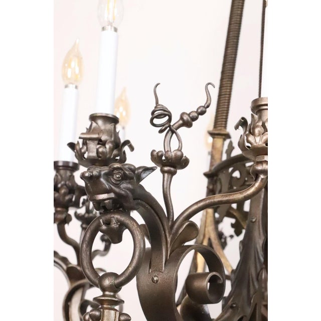 Early 20th Century Cast Bronze Highly Ornate Chandelier With Original Etched Glass Down Shades For Sale - Image 10 of 16