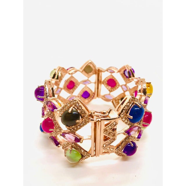 Bochic “Capri” Vintage Ruby & Multi Sapphire Bangle Set In 18K Gold & Silver For Sale - Image 9 of 11