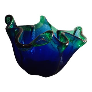 1980s Murano Blue & Green Art Glass Decorative Ruffled Bowl, Made in Italy For Sale