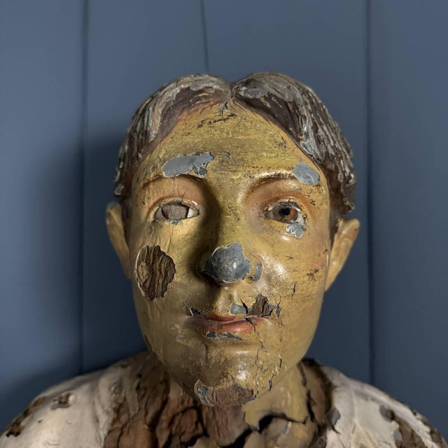 Weathered Wooden Statue of a Young Man For Sale - Image 9 of 18