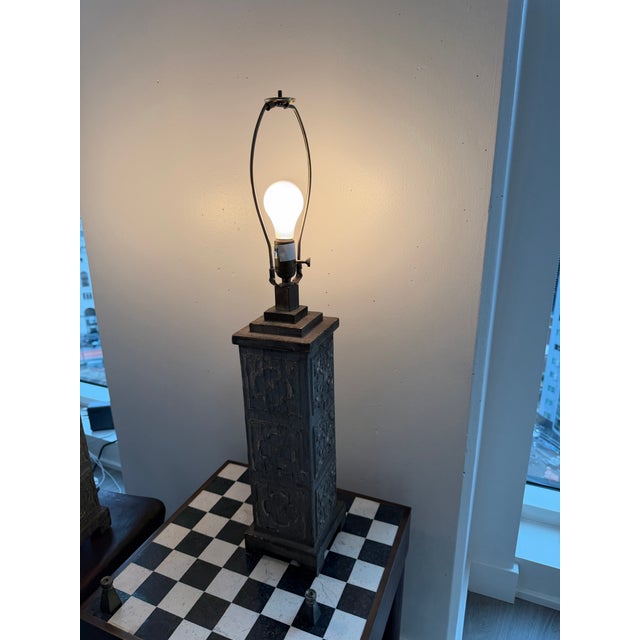 Attributed to Uttermost Carved Wood Table Lamps W/ Shades (32"h) - a Pair For Sale - Image 11 of 12