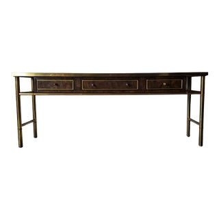 1970s Mastercraft Brass and Burl Wood Three-Drawer Console Table For Sale