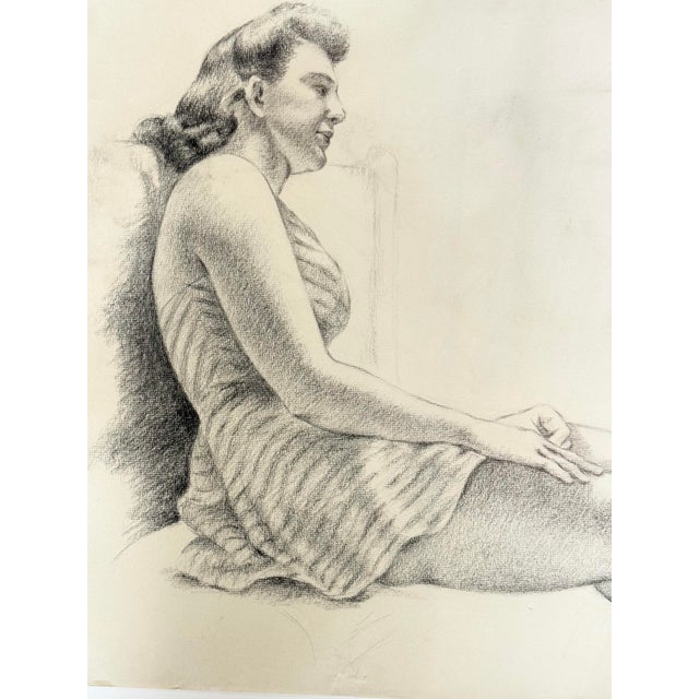Mid-Century Modern 1944 Figure Study Drawing Pencil on Paper 19”x25” For Sale - Image 3 of 6