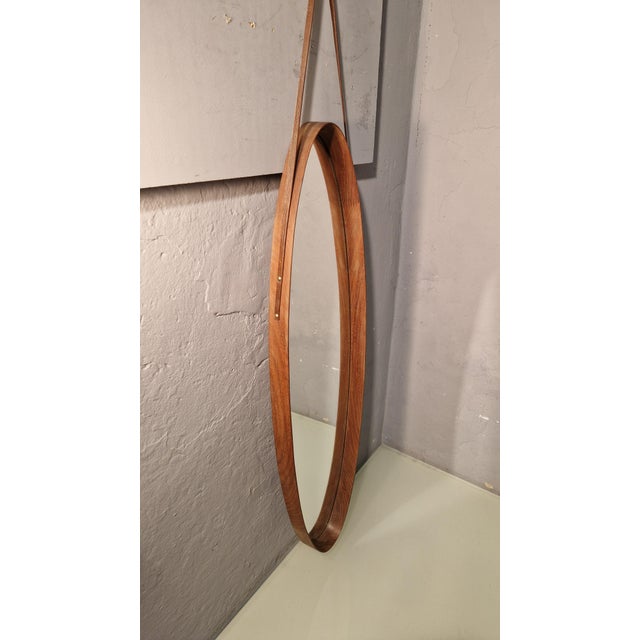 Vintage Mirror in Oval Teak Wood with Leather Rope Attachment, 1960s For Sale - Image 9 of 9