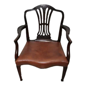 Georgian Style Mahogany Armchair W/ Leather Upholstery & Brass Edging