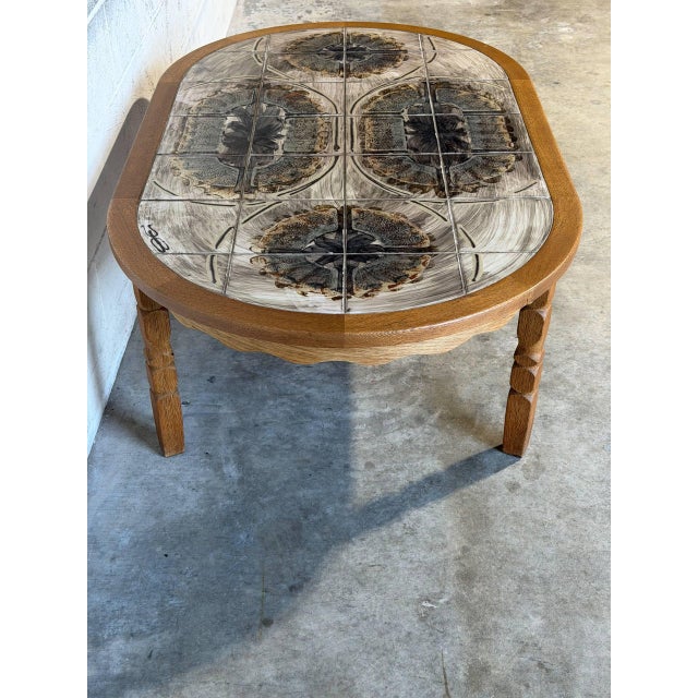 Oak Inset Tile Top Oval Coffee Table With Scalloped Apron Vintage Mid-Century Modern 1970s For Sale - Image 10 of 10