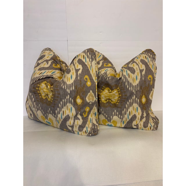 Contemporary Custom Waverly "Enlightened" Ikat and Textured Teal Throw Pillows -Set of 3 For Sale - Image 3 of 4
