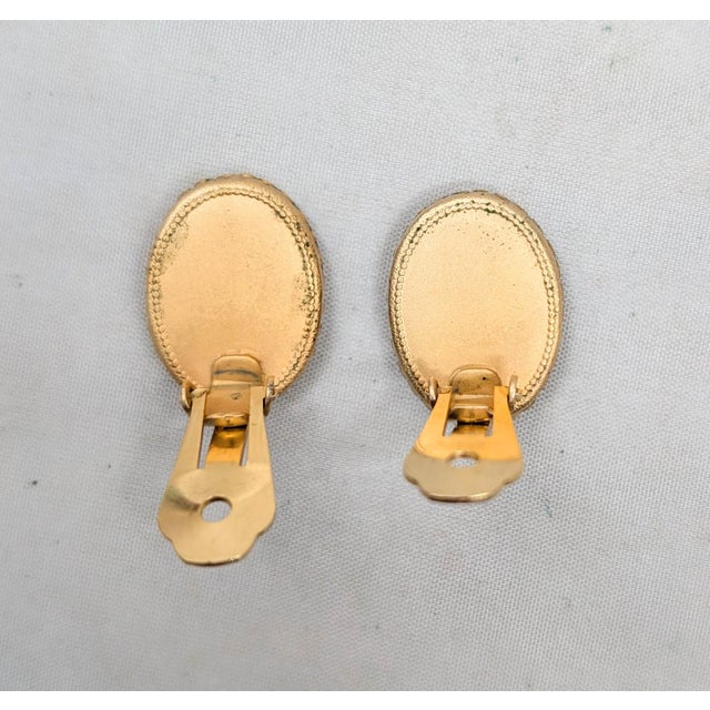 Metal Vintage 1960s Signed Napier Goldtone Oval Faux-Carved White Jade Clip Earrings-2 Pieces For Sale - Image 7 of 8