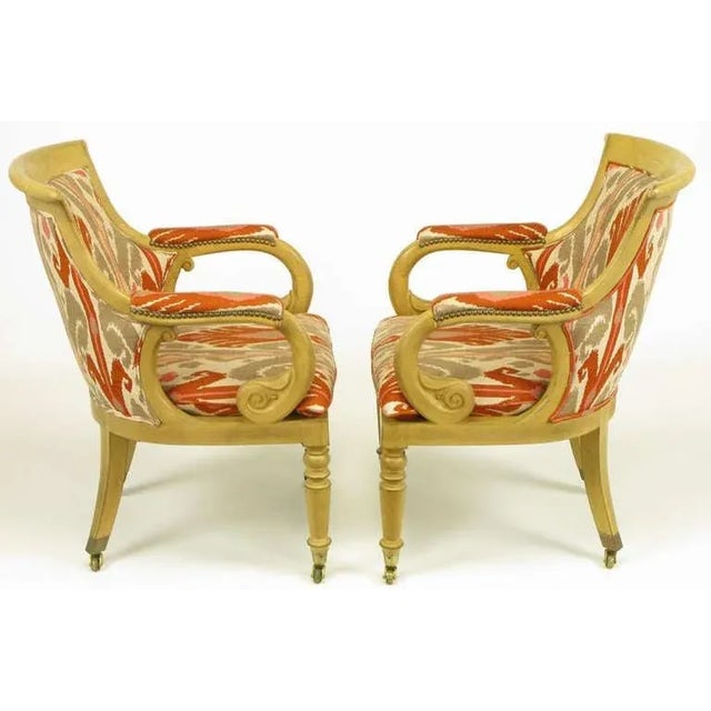 Traditional Interior Crafts Regency Scrolled Arm Chairs in Ikat Fabric - a Pair For Sale - Image 3 of 11