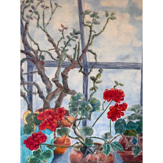 Large 1985 Toni Dalton Botanical Geraniums & Window Oil on Canvas Painting, Framed For Sale - Image 4 of 12