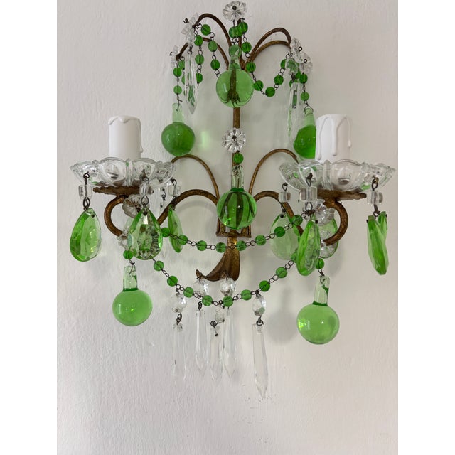 Italian Green Murano Glass Drops, Prisms & Swags Sconces C 1930 For Sale - Image 4 of 11