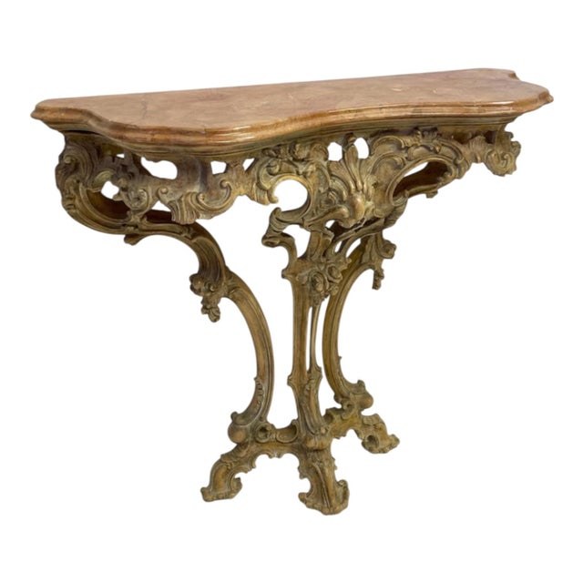 Mid-Century French Rococo Carved Pine Console Table With Rouge Marble Top For Sale In Atlanta - Image 6 of 6