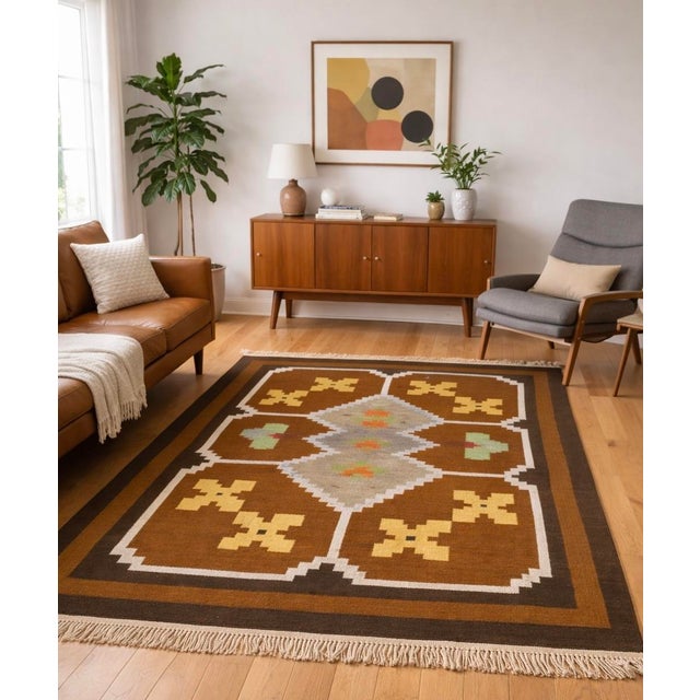 Textile Mid Century Modern Vintage Swedish Handwoven Röllakan Wool Rug | Large 1970’s Scandinavian Geometric Flatweave Carpet For Sale - Image 7 of 11