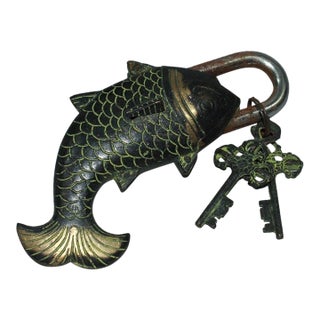 Vintage Nepalese Brass Fish Padlock With Skeleton Keys - Tibetan Style Lock For Sale