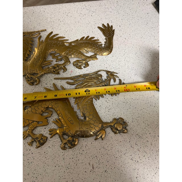 Brass Pair of Chinese Wall Mounted Brass Dragons 16” For Sale - Image 8 of 9
