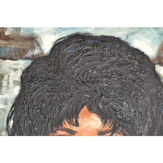 Wood 1960 Andre Daude Big Eyed French Girl Painting Oil Canvas Black Frame Green Coat For Sale - Image 7 of 13