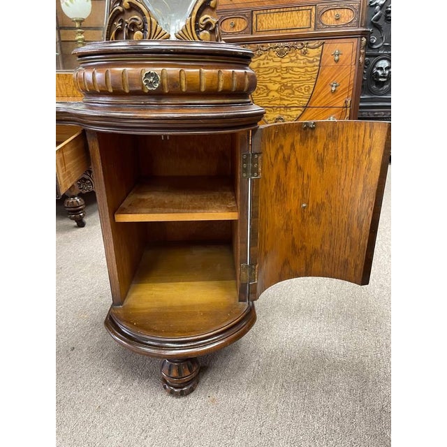 1930s Antique 1930's Bedroom Mirrored Vanity, Hand Carved Walnut, Burl Inlay, Beveled Glass, Curved Cabinets For Sale - Image 5 of 13