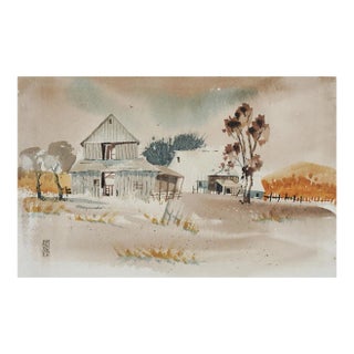 Small Vintage Rustic Barn & Farmhouse Watercolor Painting For Sale