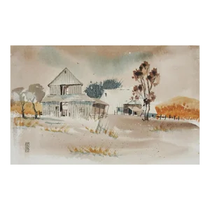 Small Vintage Rustic Barn & Farmhouse Watercolor Painting