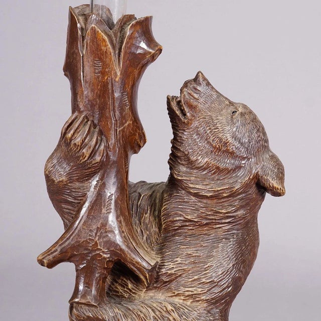 Rustic European A Wooden Carved Black Forest Bear With Glass Vase Ca. 1900s For Sale - Image 3 of 10