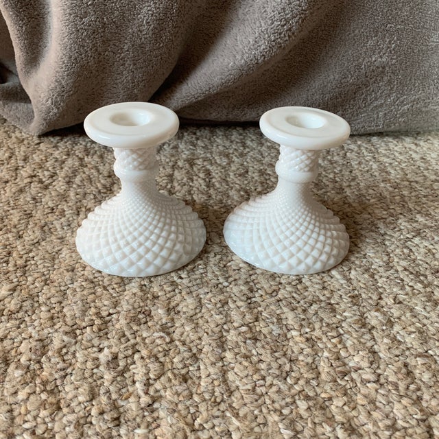 Mid Century Vintage White Milkglass Candlestick Holders - Pair For Sale In Chicago - Image 6 of 6