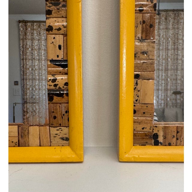 Vintage Boho Chic Tortoise Shell Bamboo & Mustard Yellow Wall Mirrors, a Pair For Sale In Houston - Image 6 of 10