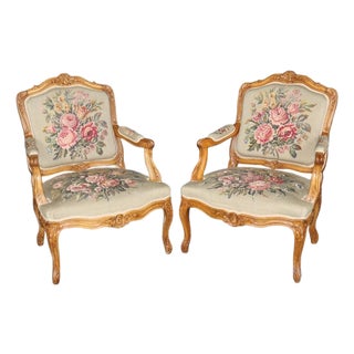 Pair Antique French Louis XV Style Aubusson Armchairs For Sale