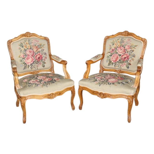Pair Antique French Louis XV Style Aubusson Armchairs For Sale
