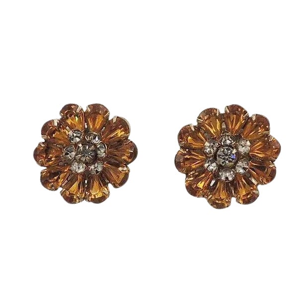 Vintage 1950s Signed Kramer Goldtone Faux-Topaz Rhinestone Clip Earrings - 2 Pieces For Sale