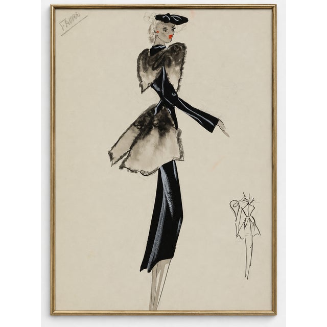 A woman wearing a fitted black coat with gray fur panels and a coordinating black hat brings Parisian elegance to this...