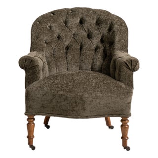 Upholstered Napoleon III Armchair, Brown, Green, Olive, France, Late 19th Century For Sale