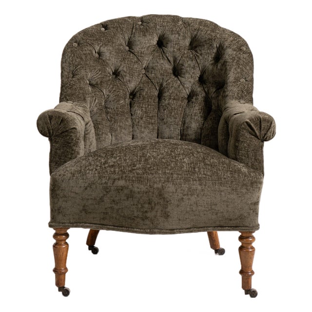 Upholstered Napoleon III Armchair, Brown, Green, Olive, France, Late 19th Century For Sale