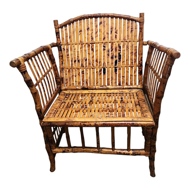 Vintage Natural Tortoise Bamboo Lounge Armchair | Coastal Boho Chinoiserie Accent Chair For Sale
