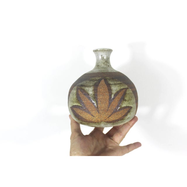 Width: 5 inches Height: 6 inches Stunning mid century modern handmade and signed stoneware vase with a leaf pattern on...