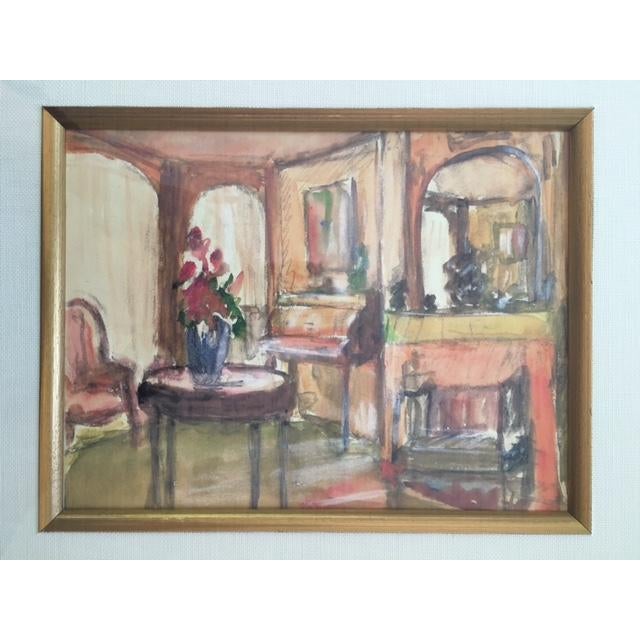 Framed Interior Scene Watercolor Painting For Sale - Image 4 of 4