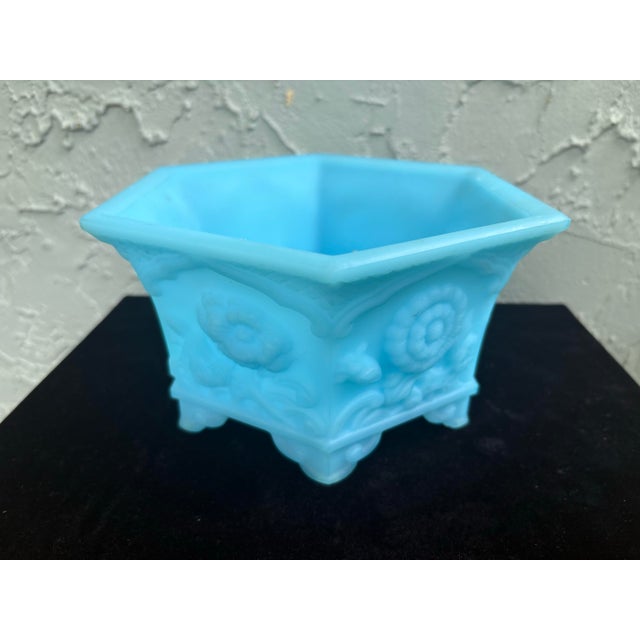 1980s Vintage Fenton Blue Satin Glass Footed Jardiniere Cachepot Planter For Sale - Image 5 of 8
