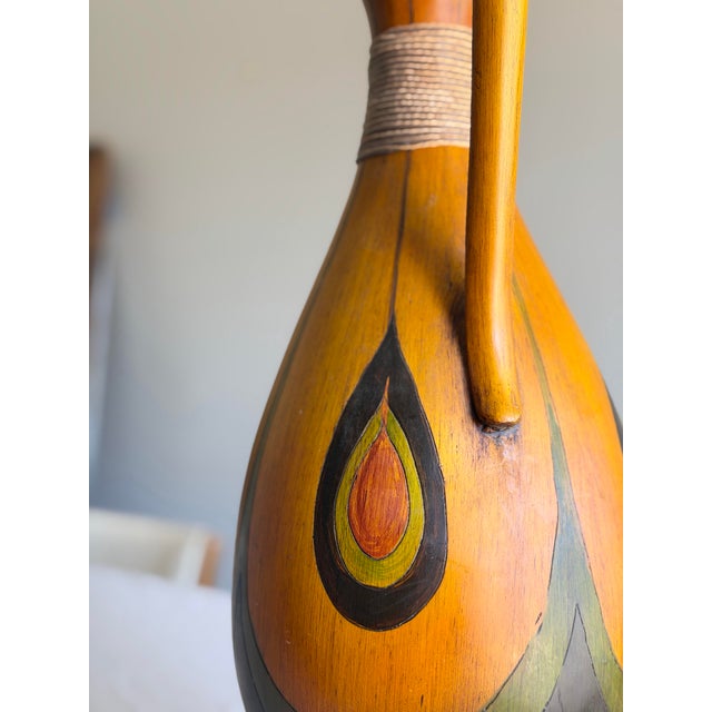 Vintage Midcentury African Bentwood Pitcher Vase With Sculptural Neck and Curving Handle, Teardrop Accents, Feather and Stone Tassel Detail For Sale - Image 10 of 12